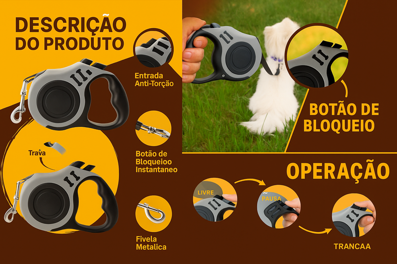 Guia Retrátil Premium Cães e Gatos