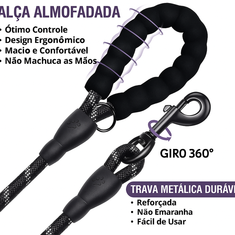 Coleira Guia Refletiva para Cães – Alta Resistência, Conforto e Segurança Noturna